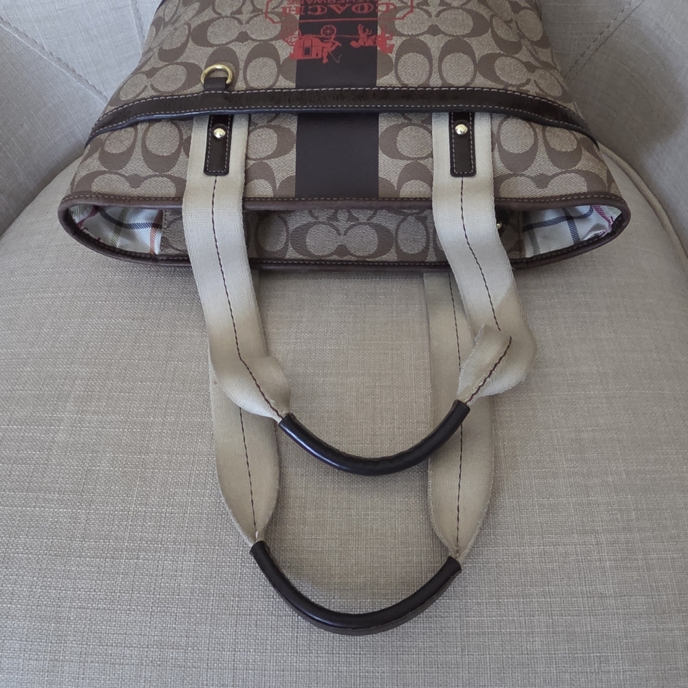 Coach Brown Signature Canvas Tote with Red Logo and Dark Brown Stripe - Picture 9 of 16